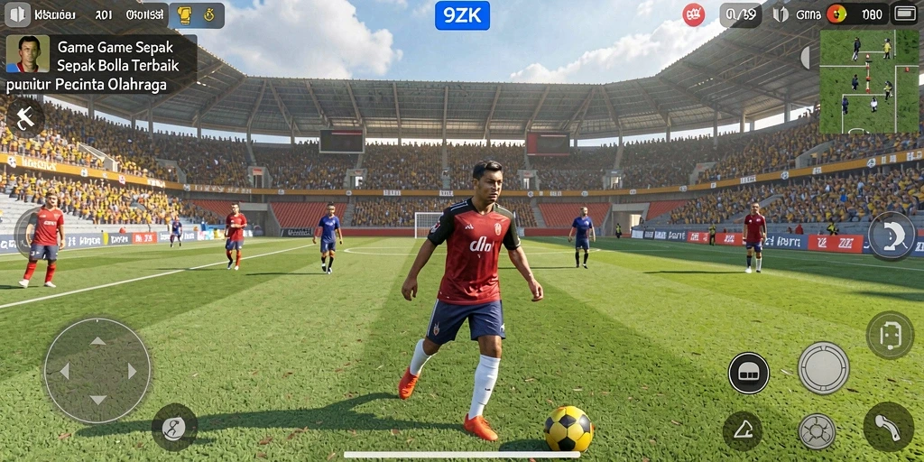 Screenshot utama 9ZK menampilkan aksi permainan sepak bola yang intens.