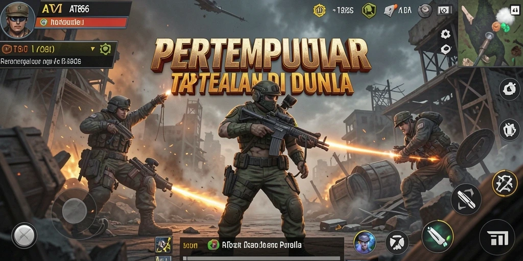 Screenshot AT866 menampilkan aksi pertempuran seru di arena Battle Royale.