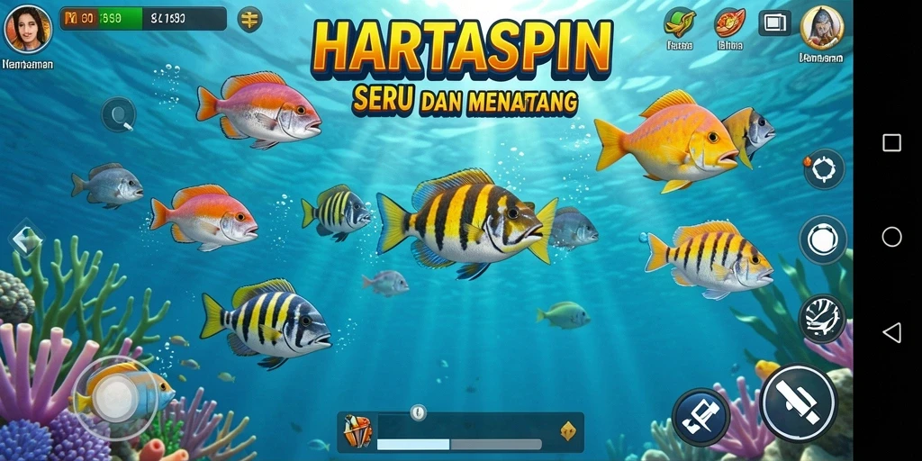 Tampilan gameplay HARTASPIN dengan aksi seru Tembak Ikan.