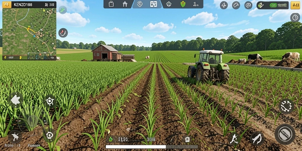 Screenshot gameplay KENZO188 menampilkan petani sedang mengelola ladang.