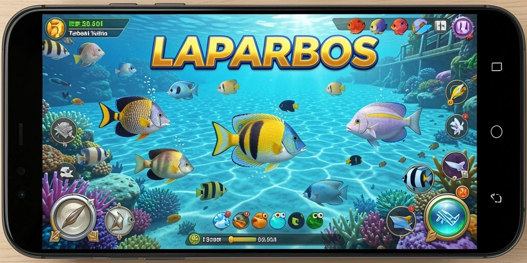Tampilan gameplay seru LAPARBOS saat menangkap ikan berwarna-warni.