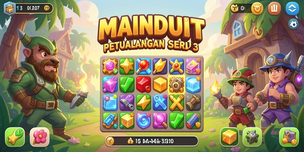 Screenshot menunjukkan gameplay seru di MAINDUIT dengan berbagai level match-3.