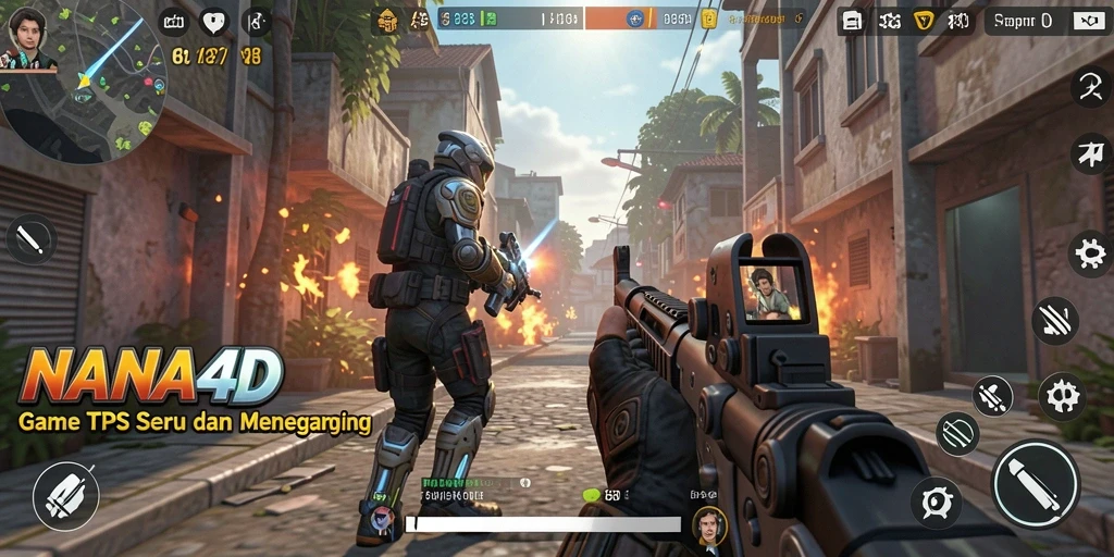 Screenshot gameplay NANA4D menampilkan aksi seru dalam pertempuran TPS.