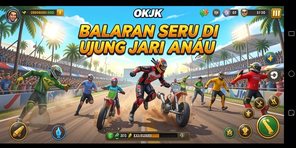 Tampilan gameplay seru balapan dalam OKJK dengan mobil balap yang memukau.