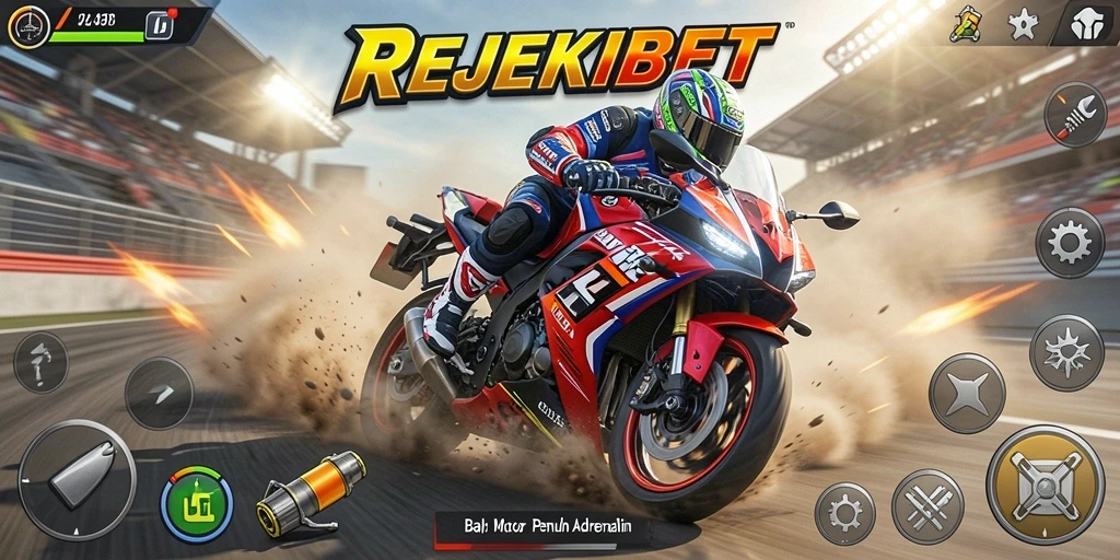 Tangkapan layar menunjukkan aksi balap motor yang mendebarkan di REJEKIBET.